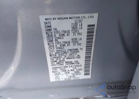2008 Nissan Titan Xe from USA, damaged, VIN 1N6BA07C98N347005